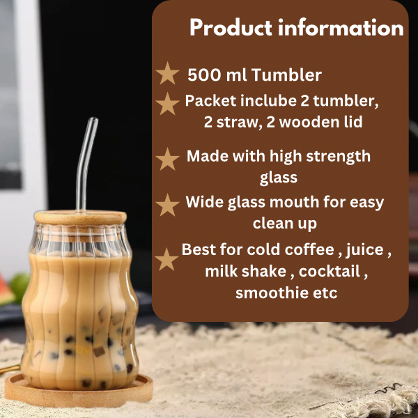 Wave shape tumblers with wooden lid and straw (Pack of 2) for Cold Coffee, Juice, Smoothies, Milk Shakes, Soft Drinks, Cocktails and many more