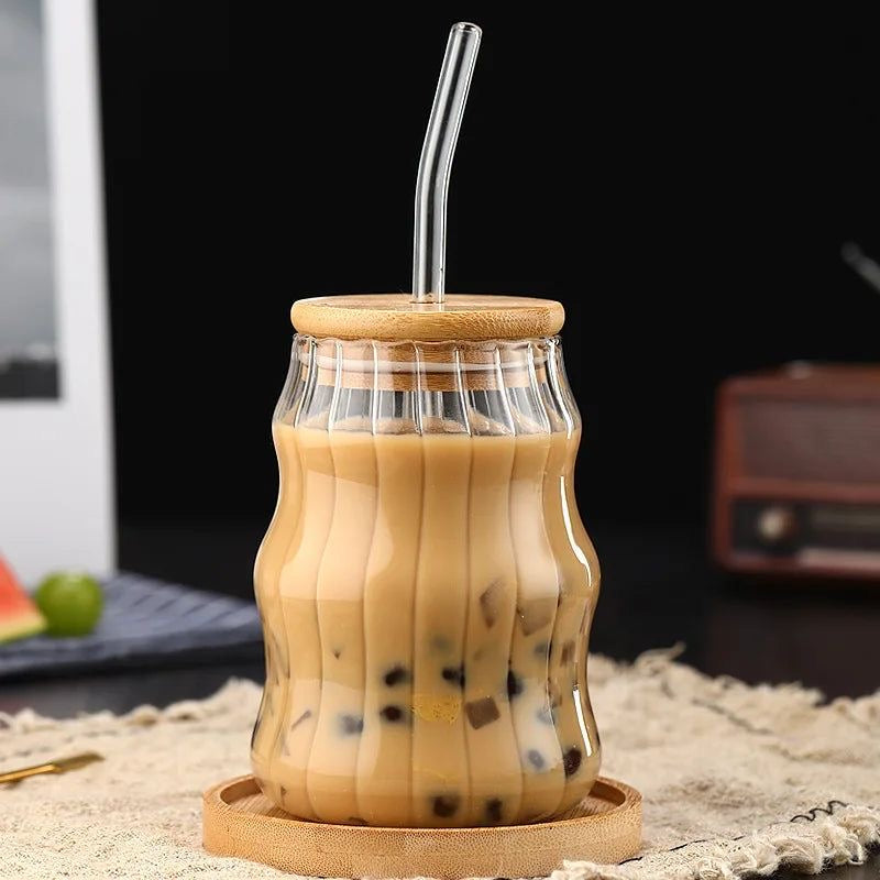 Wave shape tumblers with wooden lid and straw (Pack of 2) for Cold Coffee, Juice, Smoothies, Milk Shakes, Soft Drinks, Cocktails and many more