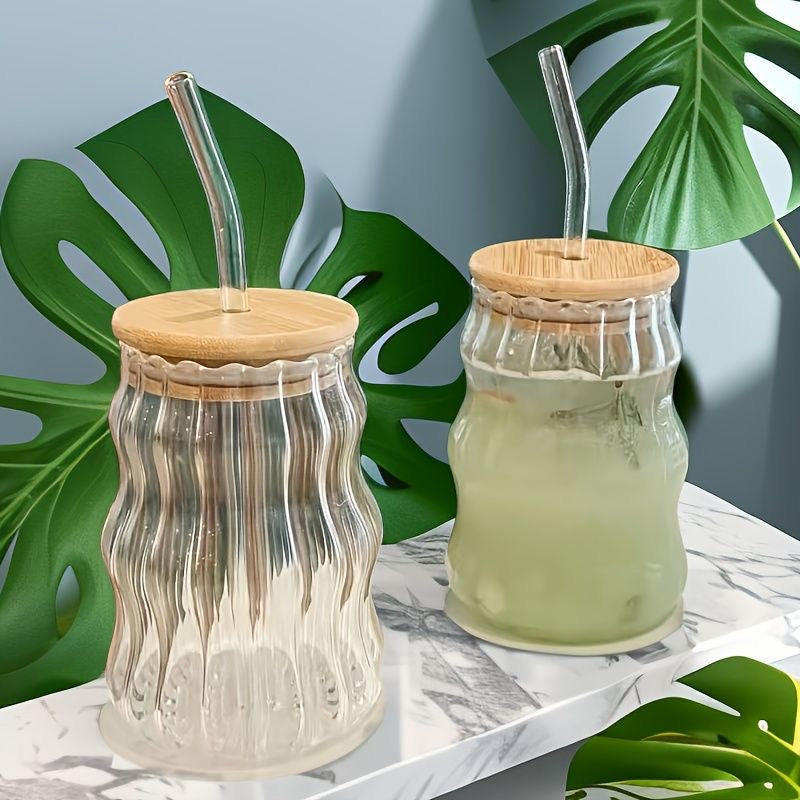 Wave shape tumblers with wooden lid and straw (Pack of 2) for Cold Coffee, Juice, Smoothies, Milk Shakes, Soft Drinks, Cocktails and many more