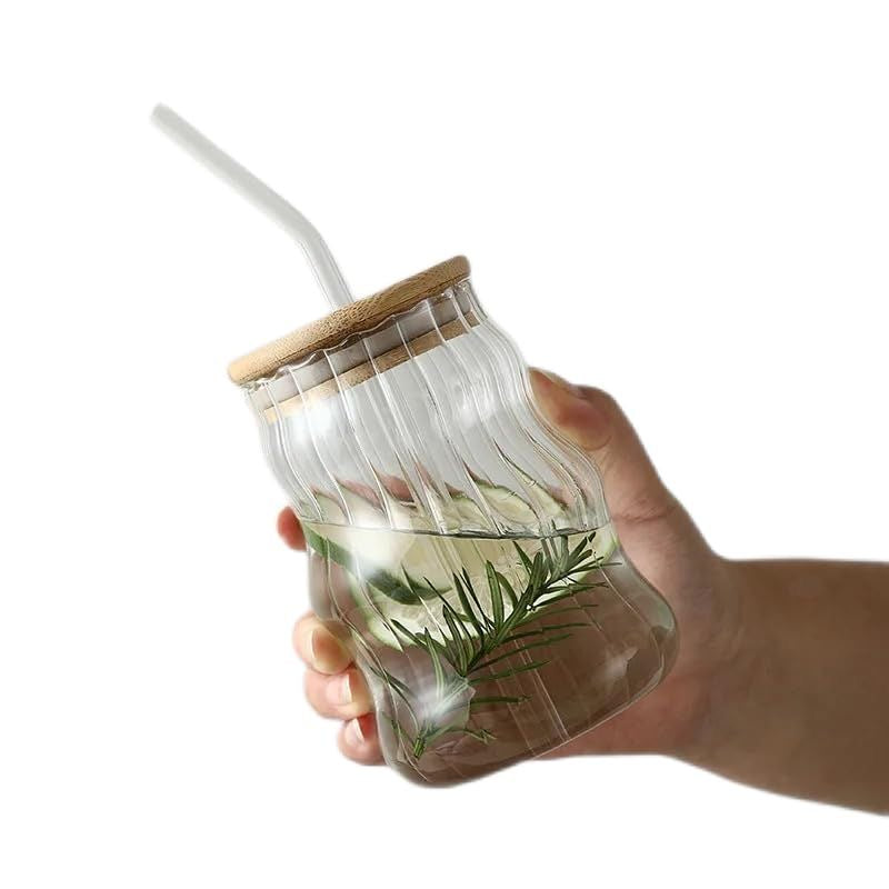 Wave shape tumblers with wooden lid and straw (Pack of 2) for Cold Coffee, Juice, Smoothies, Milk Shakes, Soft Drinks, Cocktails and many more