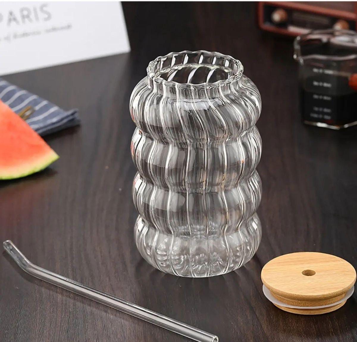 Premium spiral shape ribbed glass tumblers with wooden lid and straw (Pack of 2) for coffee, fruit juice, milk shakes, ice tea, beer , cold drink andany more