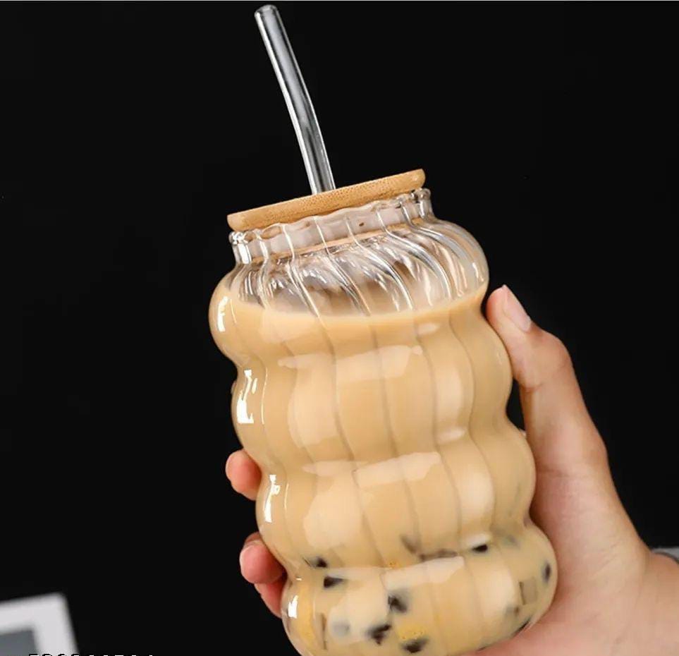 Premium spiral shape ribbed glass tumblers with wooden lid and straw (Pack of 2) for coffee, fruit juice, milk shakes, ice tea, beer , cold drink andany more
