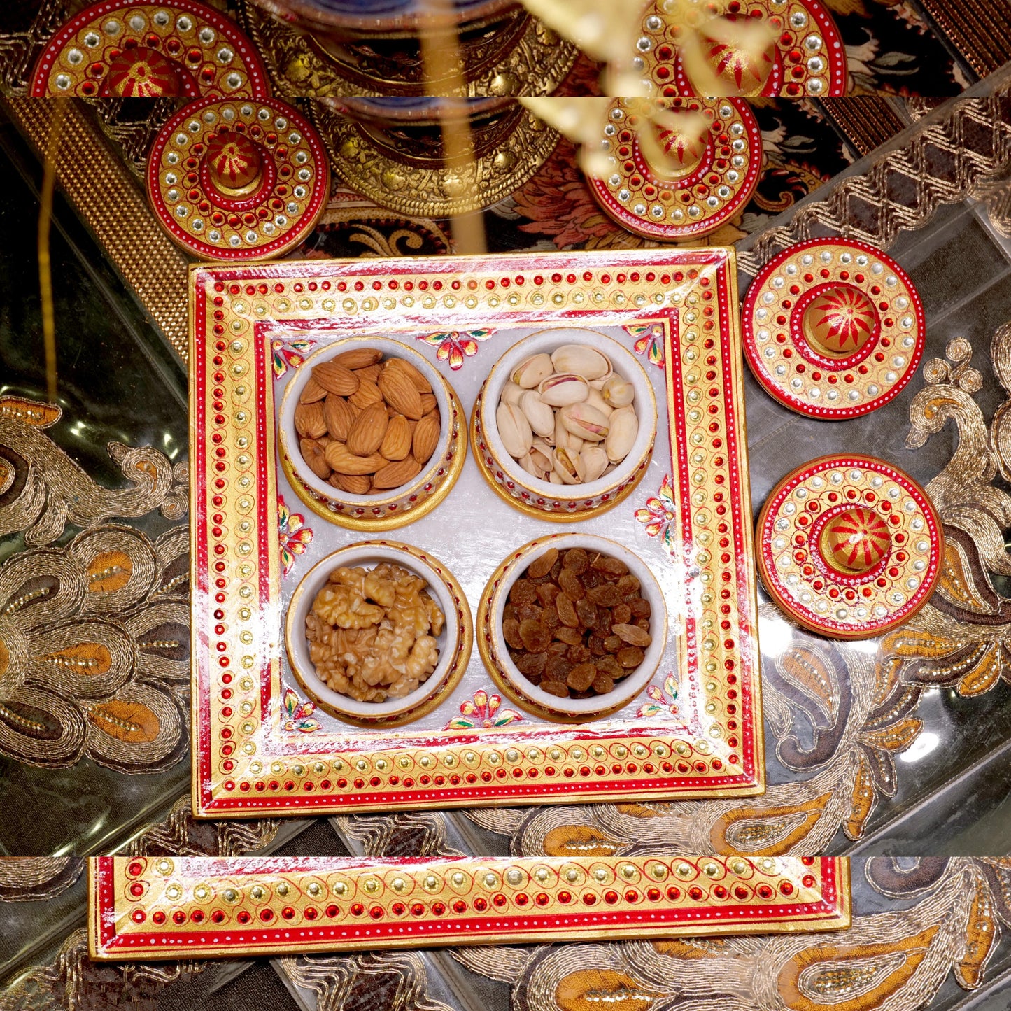 Saar Homes Handicraft Makrana White Marble Handcrafted Antique Dry Fruit Container with Tray | Serving Tray Set | Marble Dry Fruit tray Diwali Gifting Items for Friends and Family, Diwali Gift
