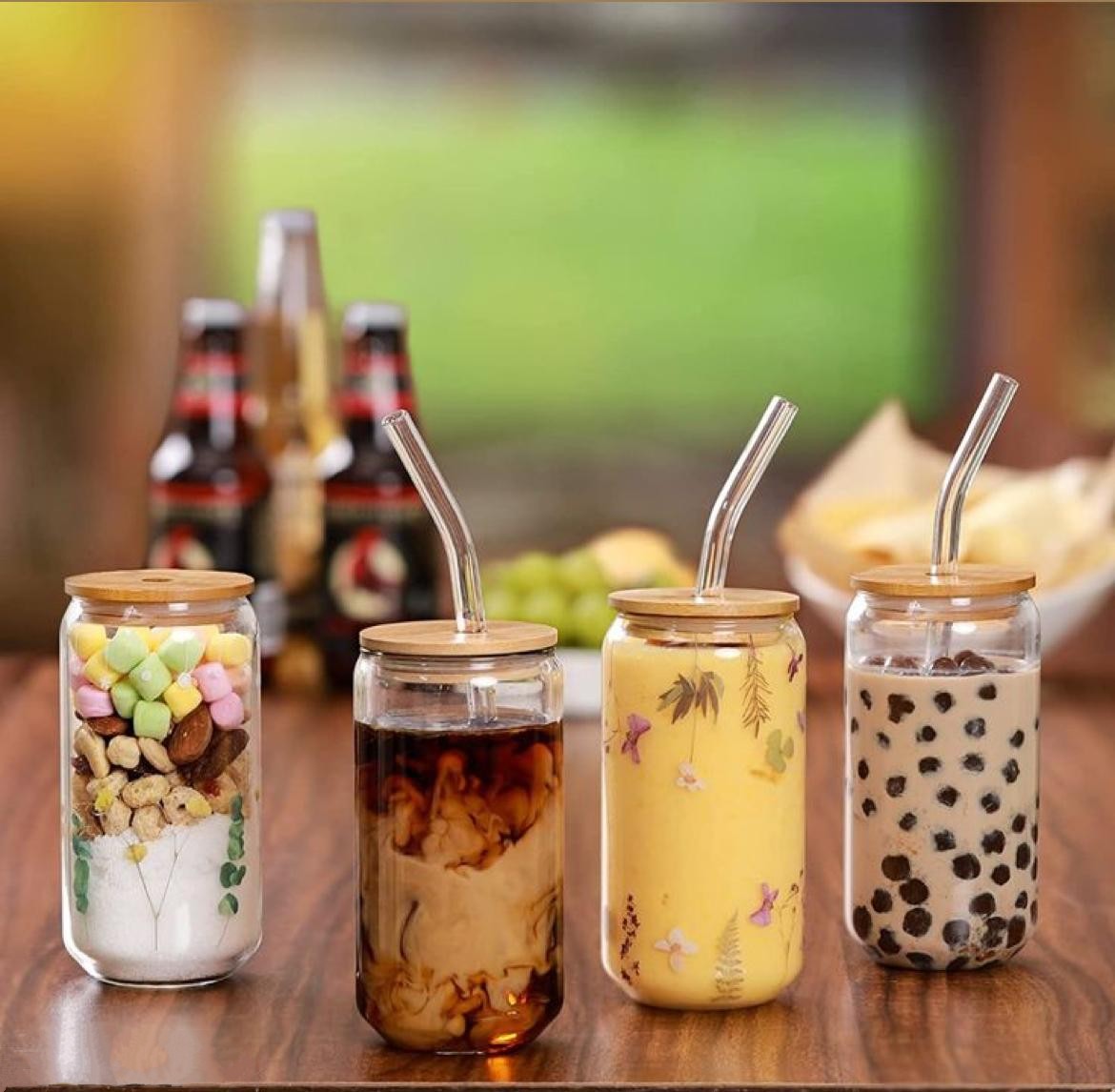 SH Coffee, Juic, Soft drink tumbler with straw and wooden lid (Pack of 2)