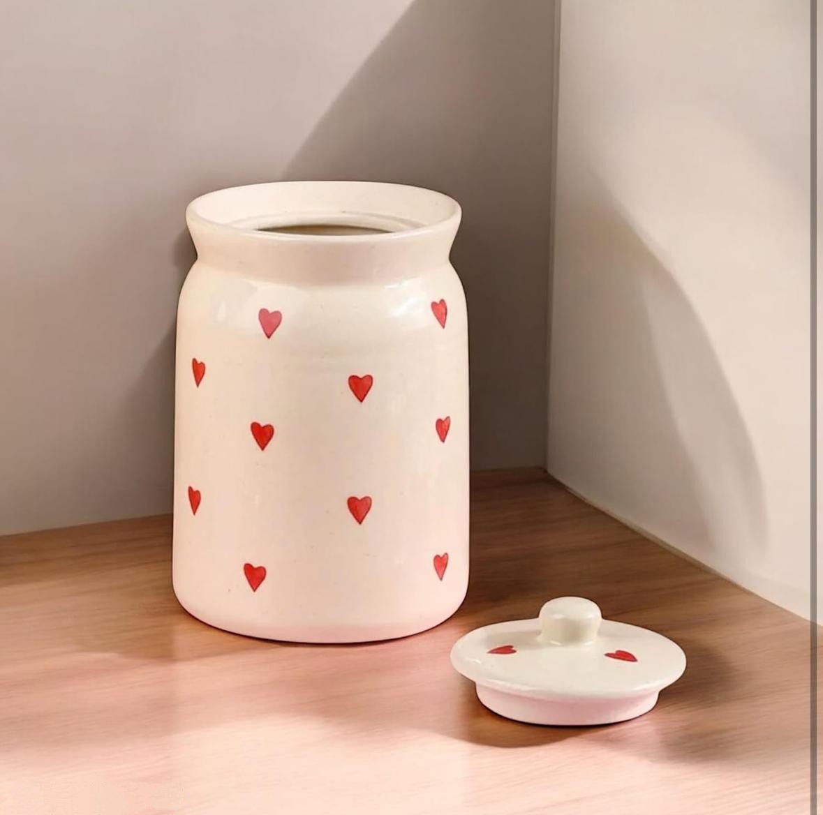 Ceramic 1 ltr jar with lid pack of 2 Hand painted Red heart| hand painted jar 1 ltr pack of 2 | ceramic achar barni | hand painted achar barni