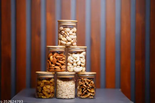 Borosilglass 220 ml Storage Jars with Wooden Lid for Storing Condiments, Nuts, Mukhwaas, Spices ( Pack of 6 piece)