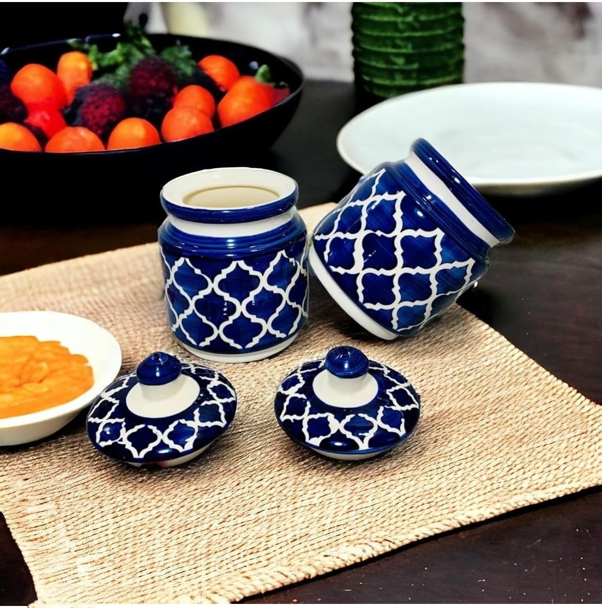 Hand painted Ceramic Achar barni / Achar cuntar Pack of 2 650 ml each | Ceramic Pickle jar 650 ml each (pack of 2)