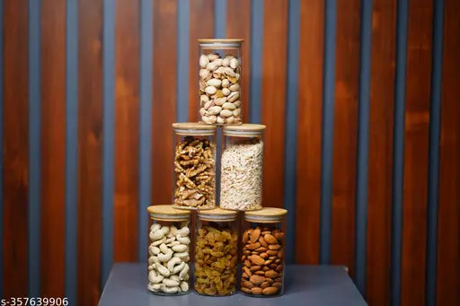 glass 320 ml Storage Jars with Wooden Lid for Storing Condiments, Nuts, Mukhwaas, Spices ( Pack of 6 piece)