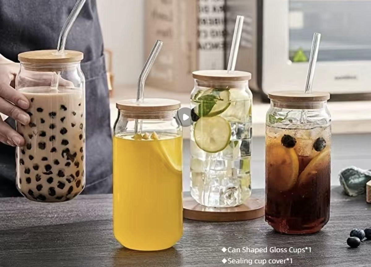 SH Coffee, Juic, Soft drink tumbler with straw and wooden lid (Pack of 2)