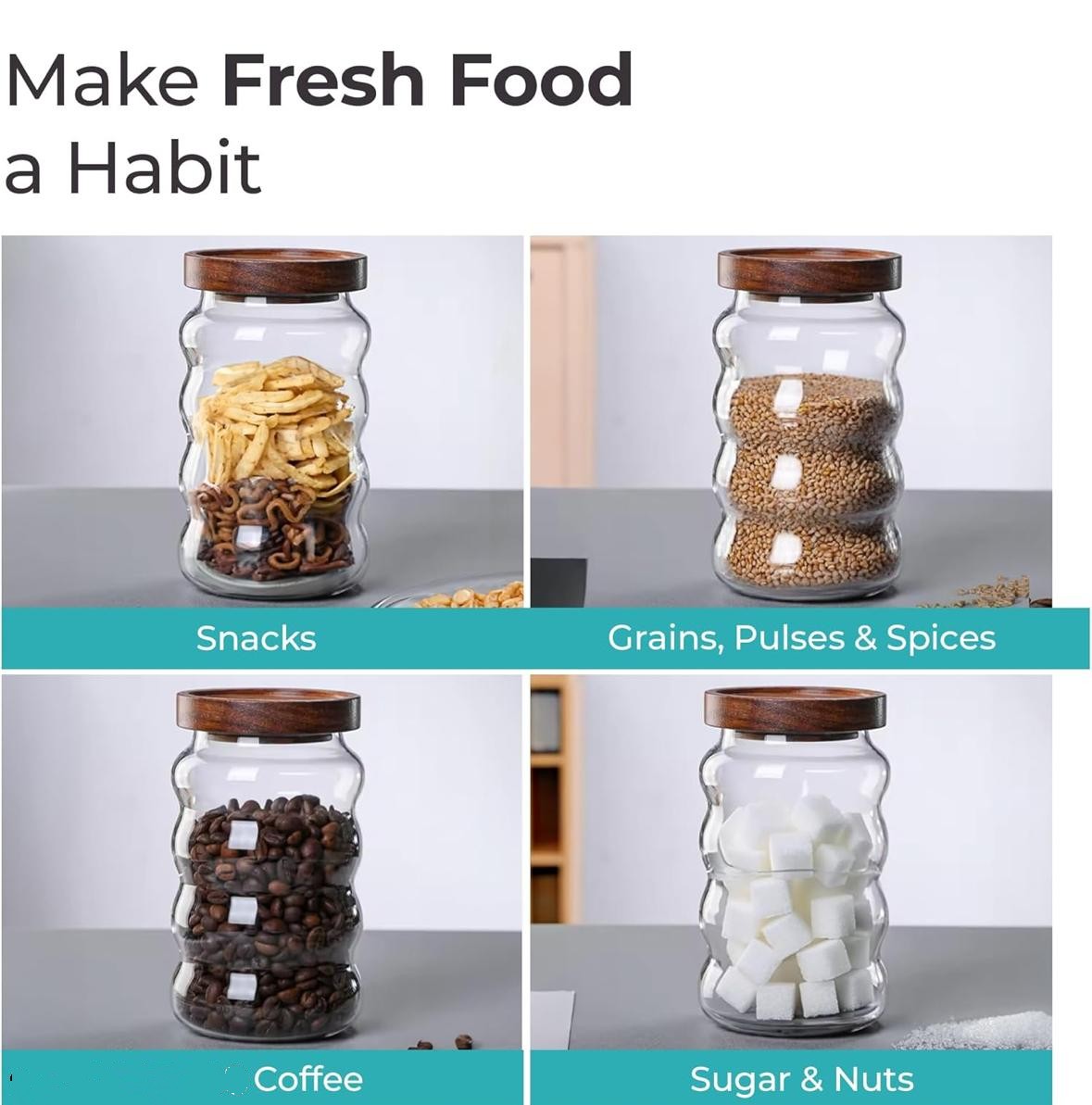 Cristalclear wave shape 750 ml glass jar pack of 2 for storing condiments, nuts, spices, tea ,coffee and many more