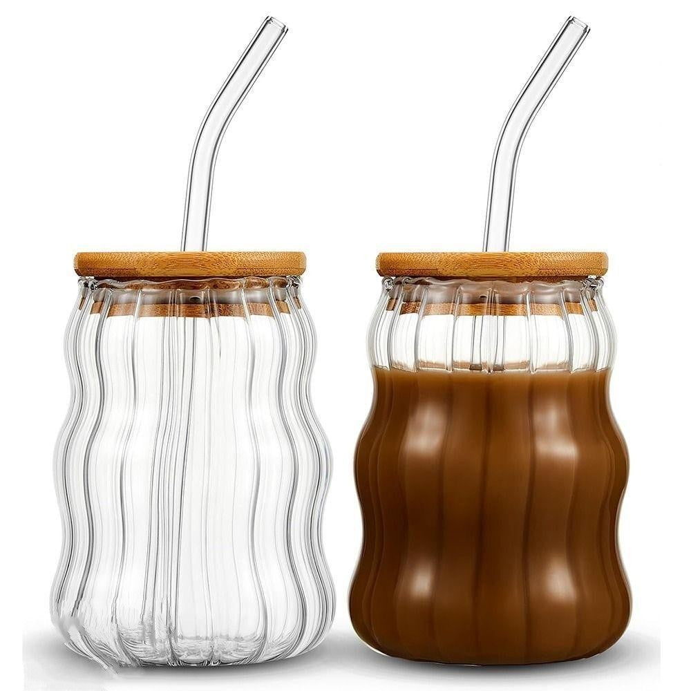 Wave shape water and juic glass with wooden lid and straw (pack of 2) | Wave shape glasse for coffee , milk shakes, Lassi,ice tea, cold drinks and many more