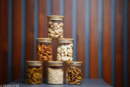 Borosilglass 220 ml Storage Jars with Wooden Lid for Storing Condiments, Nuts, Mukhwaas, Spices ( Pack of 6 piece)