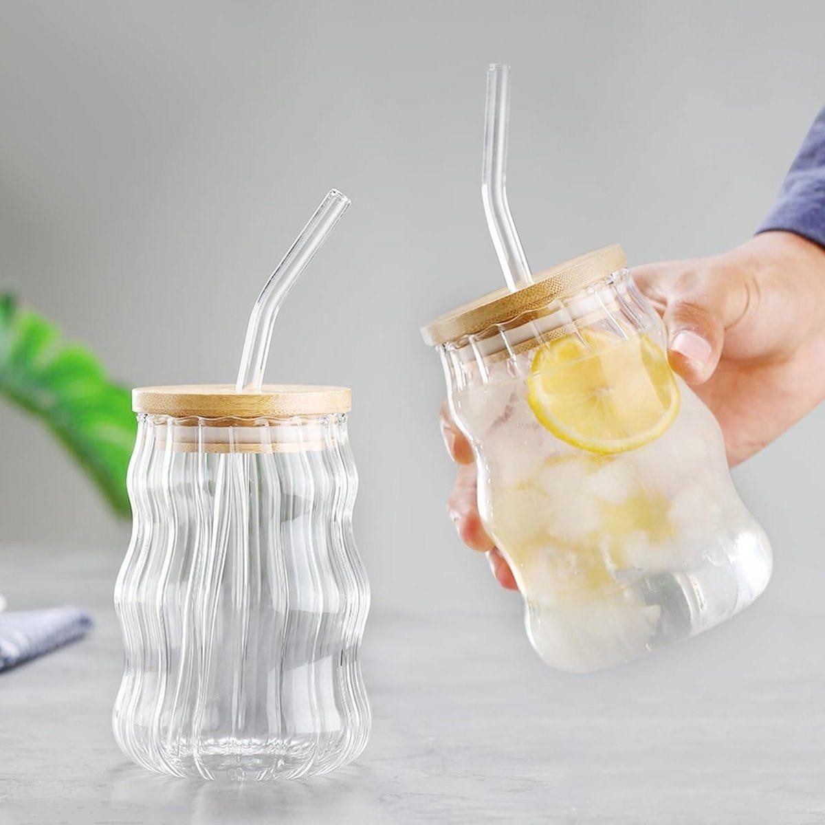 Wave shape water and juic glass with wooden lid and straw (pack of 2) | Wave shape glasse for coffee , milk shakes, Lassi,ice tea, cold drinks and many more