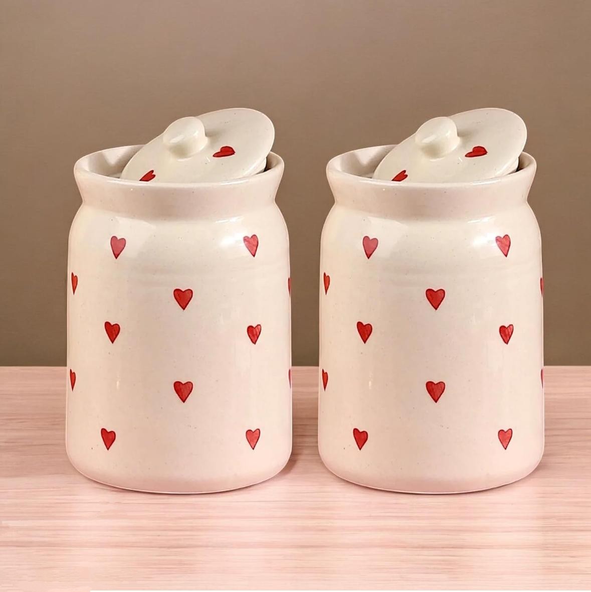 Ceramic 1 ltr jar with lid pack of 2 Hand painted Red heart| hand painted jar 1 ltr pack of 2 | ceramic achar barni | hand painted achar barni