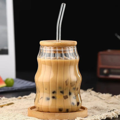 Wave shape tumblers with wooden lid and straw (Pack of 2) for Cold Coffee, Juice, Smoothies, Milk Shakes, Soft Drinks, Cocktails and many more