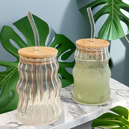 Wave shape tumblers with wooden lid and straw (Pack of 2) for Cold Coffee, Juice, Smoothies, Milk Shakes, Soft Drinks, Cocktails and many more