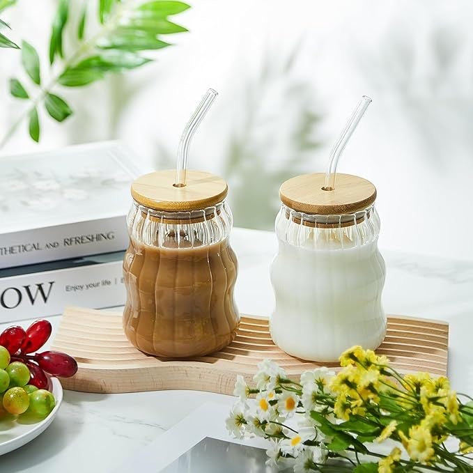 Wave shape tumblers with wooden lid and straw (Pack of 2) for Cold Coffee, Juice, Smoothies, Milk Shakes, Soft Drinks, Cocktails and many more