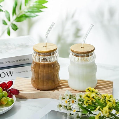 Wave shape tumblers with wooden lid and straw (Pack of 2) for Cold Coffee, Juice, Smoothies, Milk Shakes, Soft Drinks, Cocktails and many more
