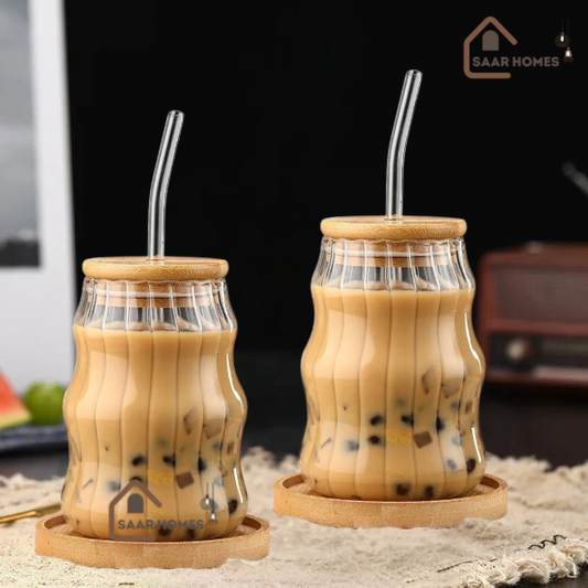 Wave shape tumblers with wooden lid and straw (Pack of 2) for Cold Coffee, Juice, Smoothies, Milk Shakes, Soft Drinks, Cocktails and many more
