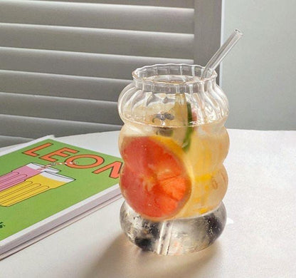 Premium spiral shape ribbed glass tumblers with wooden lid and straw (Pack of 2) for coffee, fruit juice, milk shakes, ice tea, beer , cold drink andany more