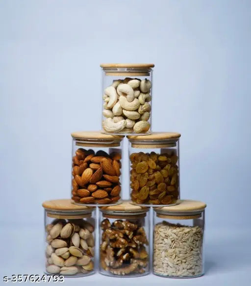 Borosilglass 220 ml Storage Jars with Wooden Lid for Storing Condiments, Nuts, Mukhwaas, Spices ( Pack of 6 piece)