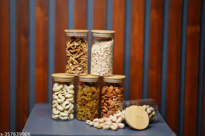 glass 320 ml Storage Jars with Wooden Lid for Storing Condiments, Nuts, Mukhwaas, Spices ( Pack of 6 piece)
