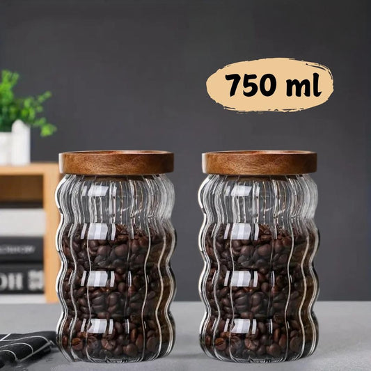 Cristalclear wave shape 750 ml glass jar pack of 2 for storing condiments, nuts, spices, tea ,coffee and many more
