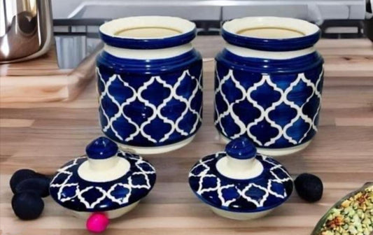 Hand painted Ceramic Achar barni / Achar cuntar Pack of 2 650 ml each | Ceramic Pickle jar 650 ml each (pack of 2)