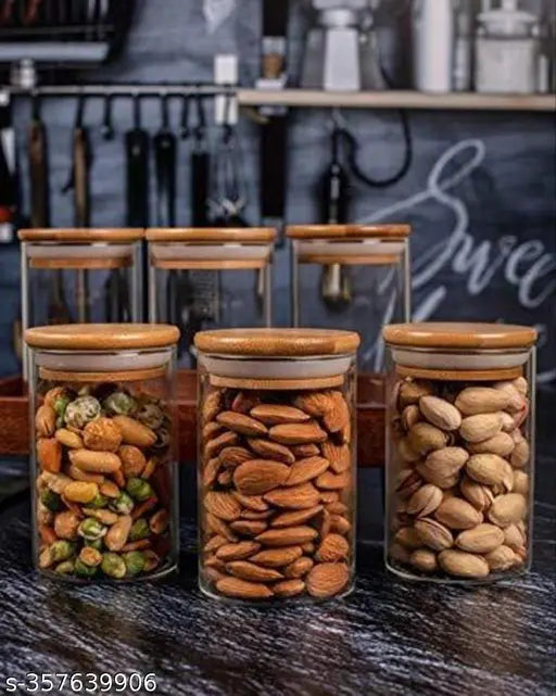 glass 320 ml Storage Jars with Wooden Lid for Storing Condiments, Nuts, Mukhwaas, Spices ( Pack of 6 piece)